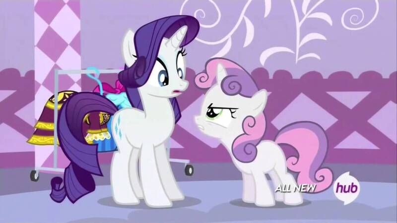 Size: 1280x720 | Tagged: safe, derpibooru import, screencap, rarity, sweetie belle, pony, unicorn, angry, argument, clothes, clothes rack, dress, female, filly, hub logo, looking at each other, mare