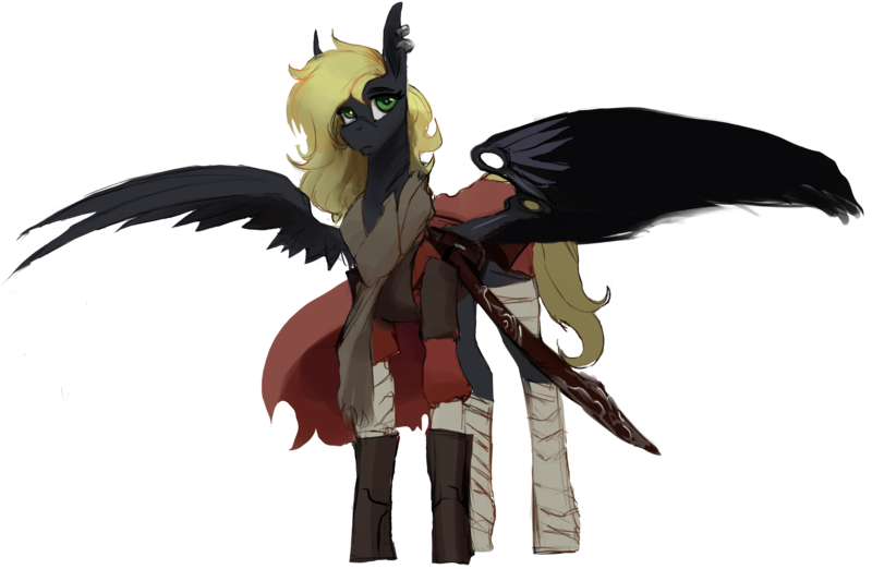 Size: 4002x2612 | Tagged: safe, artist:nsilverdraws, derpibooru import, oc, oc:veen sundown, unofficial characters only, horse, pegasus, pony, artificial wings, augmented, bandage, cape, clothes, female, leather armor, mare, scabbard, scar, scarf, simple background, sketch, solo, spread wings, sundown clan, transparent background, wings