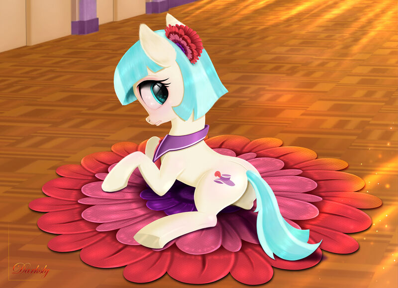 Size: 6300x4550 | Tagged: safe, artist:darksly, derpibooru import, coco pommel, earth pony, pony, absurd resolution, blushing, cocobetes, cute, cutie mark, female, flower, flower in hair, mare, solo