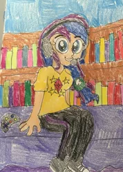 Size: 1528x2142 | Tagged: safe, artist:wolfspiritclan, derpibooru import, oc, oc:ruby nights, unofficial characters only, equestria girls, book, bookshelf, controller, headphones, headset, solo, traditional art