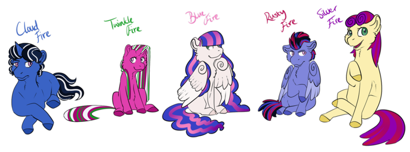 Size: 1600x593 | Tagged: safe, artist:lightwolfheart, derpibooru import, oc, oc:blue fire, oc:cloud fire, oc:rusty fire, oc:silver fire, oc:twinkle fire, unofficial characters only, earth pony, pegasus, pony, unicorn, female, male, mare, siblings, simple background, stallion, transparent background