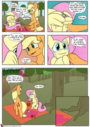 Size: 955x1350 | Tagged: safe, artist:teabucket, deleted from derpibooru, derpibooru import, applejack, fluttershy, earth pony, pegasus, pony, comic:poison apple, apple, apple tree, appleshy, basket, blushing, comic, crying, female, food, hiding behind wing, lesbian, mare, patreon, patreon logo, picnic basket, potion, shipping, shrunken pupils, smiling, sweat, sweet apple acres, this will not end well, tree, underhoof, wing hands, wings