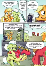 Size: 1201x1700 | Tagged: safe, artist:tarkron, derpibooru import, apple bloom, applejack, big macintosh, granny smith, oc, oc:tara, earth pony, pony, comic:ghosts of the past, apple family, apple siblings, apple sisters, brother and sister, candle, comic, crying, dialogue, female, filly, floppy ears, gravestone, graveyard, handkerchief, male, mare, nose blowing, onomatopoeia, siblings, sisters, stallion