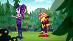 Size: 2048x1151 | Tagged: safe, derpibooru import, screencap, sci-twi, sunset shimmer, twilight sparkle, equestria girls, equestria girls series, sunset's backstage pass!, spoiler:eqg series (season 2), boots, clothes, geode of empathy, geode of telekinesis, glasses, magical geodes, pants, ponytail, shoes, skirt