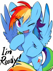 Size: 1536x2048 | Tagged: safe, artist:30clock, derpibooru import, rainbow dash, pegasus, pony, dialogue, female, mare, one eye closed, open mouth, simple background, solo, spread wings, white background, wings, wink
