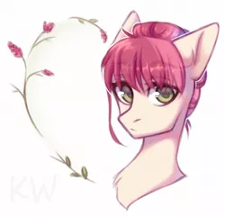 Size: 1704x1638 | Tagged: safe, artist:kaitowivil, derpibooru import, roseluck, pony, alternate hairstyle, bust, chest fluff, cute, ear fluff, flower, fluffy, portrait