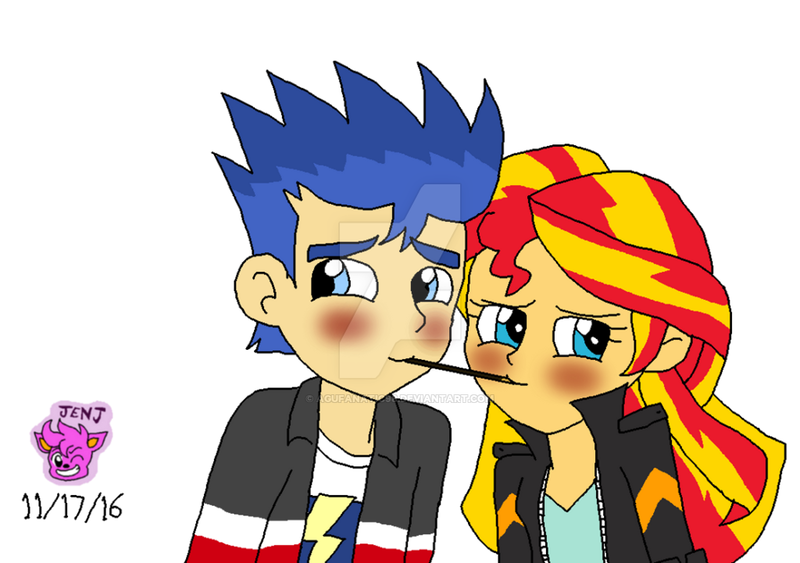 Size: 1024x721 | Tagged: safe, artist:resotii, derpibooru import, flash sentry, sunset shimmer, equestria girls, blushing, female, flashimmer, food, male, mouth hold, obtrusive watermark, pocky, pocky game, shipping, shy, simple background, straight, watermark, white background