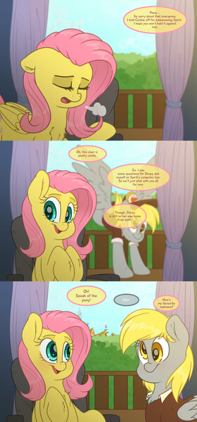 Size: 2800x6000 | Tagged: safe, artist:fluffyxai, derpibooru import, derpy hooves, fluttershy, pegasus, pony, tumblr:ask spirit wind, balcony, blushing, chair, clothes, curtains, derpyshy, female, flutterderp, flying, landing, lesbian, mailmare, mailmare uniform, shipping, sigh, smiling, speech, speech bubble, talking, text, wings