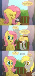 Size: 2800x6000 | Tagged: safe, artist:fluffyxai, derpibooru import, derpy hooves, fluttershy, pegasus, pony, tumblr:ask spirit wind, balcony, blushing, chair, clothes, curtains, derpyshy, female, flutterderp, flying, landing, lesbian, mailmare, mailmare uniform, shipping, sigh, smiling, speech, speech bubble, talking, text, wings