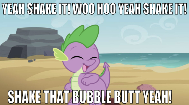 Size: 640x355 | Tagged: adorable face, artist:joey darkmeat, artist:zutheskunk edits, beach, bubble buddy, caption, cute, derpibooru import, dragon, edit, editor:undeadponysoldier, eyes closed, image macro, ocean, open mouth, reference, safe, seashell, series:spikebob scalepants, shake that bubble butt, solo, spike, spongebob squarepants, text, water