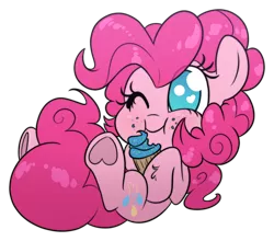 Size: 1744x1532 | Tagged: safe, artist:fluffyxai, derpibooru import, pinkie pie, earth pony, pony, chibi, cupcake, cute, diapinkes, eating, eye clipping through hair, female, food, heart, heart hoof, leg fluff, mare, no pupils, one eye closed, simple background, smiling, solo, transparent background, underhoof, wink