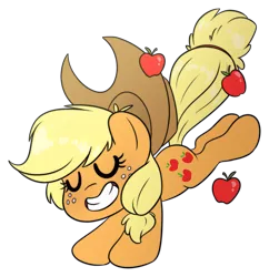 Size: 1841x1901 | Tagged: safe, artist:fluffyxai, derpibooru import, part of a set, applejack, earth pony, pony, apple, applebucking, applejack mid tree-buck facing the left with 3 apples falling down, applejack mid tree-buck with 3 apples falling down, bucking, chibi, cowboy hat, cute, eyes closed, falling, female, food, hat, jackabetes, mare, simple background, smiling, solo, transparent background