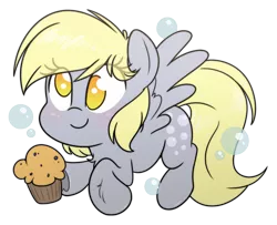 Size: 1702x1384 | Tagged: safe, artist:fluffyxai, derpibooru import, derpy hooves, pegasus, pony, bubble, chibi, cute, derpabetes, female, food, mare, muffin, simple background, smiling, solo, transparent background, underhoof