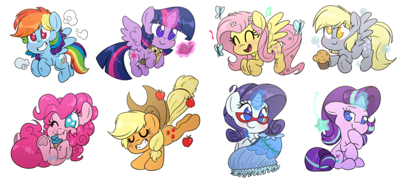 Size: 7530x3500 | Tagged: safe, artist:fluffyxai, derpibooru import, applejack, derpy hooves, fluttershy, owlowiscious, pinkie pie, rainbow dash, rarity, starlight glimmer, twilight sparkle, twilight sparkle (alicorn), alicorn, butterfly, earth pony, pegasus, pony, unicorn, apple, book, bubble, chibi, clothes, cloud, cupcake, dress, flying, food, glasses, jewelry, magic, mane six, muffin, music notes, pendant, rarity's glasses, sewing, simple background, singing, smiling, sticker set, transparent background