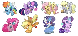 Size: 7530x3500 | Tagged: safe, artist:fluffyxai, derpibooru import, applejack, derpy hooves, fluttershy, owlowiscious, pinkie pie, rainbow dash, rarity, starlight glimmer, twilight sparkle, twilight sparkle (alicorn), alicorn, butterfly, earth pony, pegasus, pony, unicorn, apple, book, bubble, chibi, clothes, cloud, cupcake, dress, flying, food, glasses, jewelry, magic, mane six, muffin, music notes, pendant, rarity's glasses, sewing, simple background, singing, smiling, sticker set, transparent background