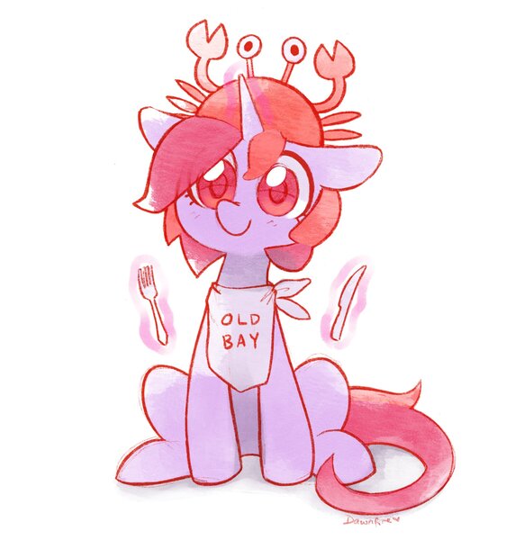 Size: 1855x1979 | Tagged: safe, artist:dawnfire, derpibooru import, oc, oc:dawnfire, pony, unicorn, bib, crab hat, fork, hat, knife, solo