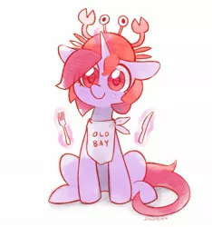 Size: 1855x1979 | Tagged: safe, artist:dawnfire, derpibooru import, oc, oc:dawnfire, pony, unicorn, bib, crab hat, fork, hat, knife, solo