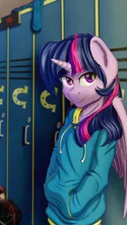 Size: 2160x3840 | Tagged: alicorn, anthro, artist:cluvry, clothes, derpibooru import, female, hands in pockets, high res, hoodie, lockers, safe, school, schoolgirl, smiling, solo, twilight sparkle, twilight sparkle (alicorn)