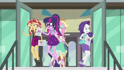 Size: 480x270 | Tagged: safe, derpibooru import, screencap, applejack, fluttershy, pinkie pie, rainbow dash, rarity, sci-twi, sunset shimmer, twilight sparkle, equestria girls, equestria girls series, the finals countdown, animated, canterlot high, cheering, gif, happy, humane five, humane seven, humane six, jumping