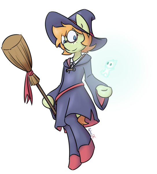 Size: 1953x2160 | Tagged: safe, artist:spheedc, derpibooru import, ponified, earth pony, pony, semi-anthro, bipedal, broom, digital art, female, glasses, hat, little witch academia, lotte yanson, mare, simple background, solo, transparent background, witch, witch hat