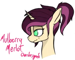 Size: 1386x1096 | Tagged: safe, artist:pinkberry, derpibooru import, oc, oc:mulberry merlot, unofficial characters only, unicorn, bust, colored, female, flat colors, freckles, heart, mare, ponytail, side view, simple background, smiling, smirk, solo, tattoo, text, white background