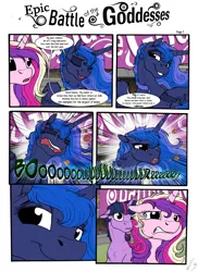 Size: 2550x3506 | Tagged: safe, artist:lupiarts, artist:snoopystallion, derpibooru import, princess cadance, princess luna, twilight sparkle, twilight sparkle (alicorn), alicorn, pony, comic:epic battle of the goddesses, burp, burping contest, collaboration, comic, competition, expressions, female, floppy ears, funny, laughing, majestic as fuck, mare, wavy mouth, ye olde butcherede englishe