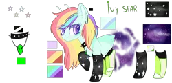 Size: 3000x1438 | Tagged: safe, artist:celestial-rue0w0, derpibooru import, oc, oc:ivy star, unofficial characters only, alien, alien pony, earth pony, pony, antennae, boots, choker, clothes, ear piercing, earring, female, jewelry, mare, markings, multicolored hair, necklace, piercing, rainbow hair, raised hoof, raised leg, reference sheet, shoes, simple background, socks, spiked choker, transparent background