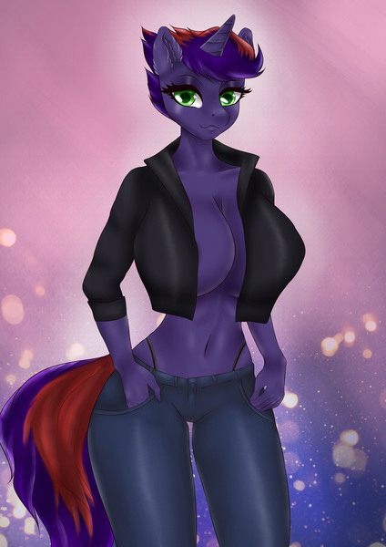 Size: 4000x5658 | Tagged: questionable, alternate version, artist:hierophant_green, derpibooru import, oc, oc:birth light, anthro, unicorn, absolute cleavage, areola, areola slip, big breasts, breasts, cleavage, clothes, commission, cute, female, huge breasts, nudity, panties, solo, solo female, thong, underwear, ych result