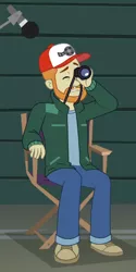 Size: 342x686 | Tagged: safe, derpibooru import, screencap, equestria girls, movie magic, spoiler:eqg specials, background human, cap, clothes, cropped, director, hat, pants, shoes, solo