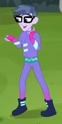 Size: 278x554 | Tagged: safe, derpibooru import, screencap, microchips, equestria girls, equestria girls series, the road less scheduled, the road less scheduled: microchips, spoiler:choose your own ending (season 2), spoiler:eqg series (season 2), boots, clothes, cropped, fingerless gloves, glasses, gloves, mc dex fx, shoes, smiling, solo