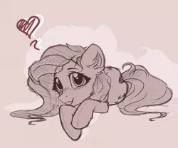 Size: 1280x1067 | Tagged: safe, artist:reterica, derpibooru import, fluttershy, pegasus, pony, blushing, colored sketch, cute, ear fluff, female, gritted teeth, heart, limited palette, looking at you, mare, monochrome, prone, shyabetes, sketch, smiling, solo, three quarter view