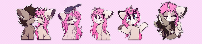 Size: 1453x316 | Tagged: safe, artist:hagallaz, derpibooru import, oc, oc:tarot, oc:xor, unofficial characters only, classical unicorn, pony, sphinx, unicorn, blushing, brush, brushie, chest fluff, cloven hooves, couple, cuddling, cute, ear piercing, female, floppy ears, fluffy, happy, hmph, hug, interspecies, kissing, leonine tail, love, male, mare, oc x oc, piercing, romantic, shipping, shrug, simple background, smiling, smooch, snuggling, sphinx oc, sticker, straight, taror, unshorn fetlocks, wings