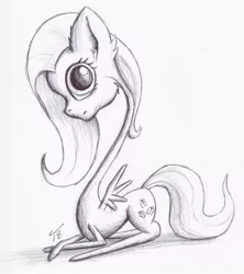 Size: 1420x1599 | Tagged: safe, artist:tunrae, derpibooru import, fluttershy, pegasus, pony, ballpoint pen, long neck, looking at you, sitting, sketch, solo, traditional art