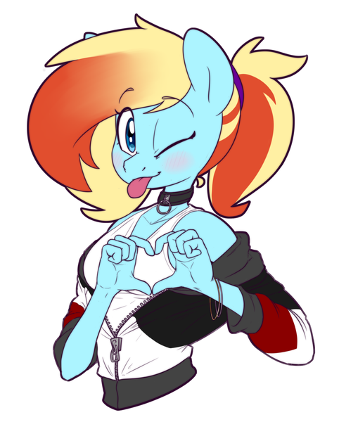 Size: 1172x1458 | Tagged: safe, artist:victoreach, derpibooru import, oc, oc:honey wound, unofficial characters only, anthro, earth pony, anthro oc, blushing, bust, choker, clothes, female, heart hands, jacket, mare, one eye closed, open jacket, simple background, solo, tanktop, tongue out, white background, wink