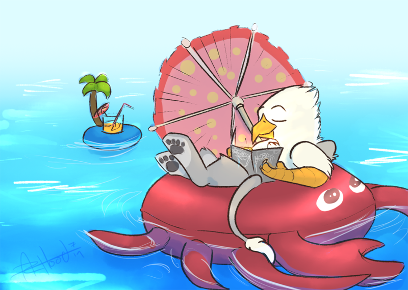 Size: 1234x879 | Tagged: safe, artist:scruffasus, derpibooru import, oc, oc:der, unofficial characters only, crab, gryphon, drink, floating, male, paw pads, paws, solo, straw, umbrella, underpaw, water