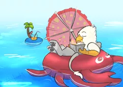 Size: 1234x879 | Tagged: safe, artist:scruffasus, derpibooru import, oc, oc:der, unofficial characters only, crab, gryphon, drink, floating, male, paw pads, paws, solo, straw, umbrella, underpaw, water