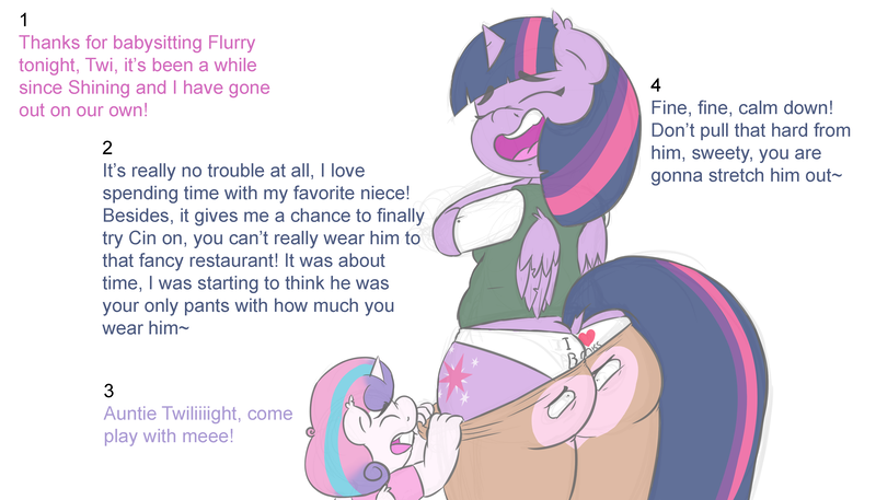 Size: 3500x2000 | Tagged: alicorn, anthro, artist:deoix, ass, butt, clothes, clothing transformation, derpibooru import, dialogue, dock, female, inanimate tf, mare, objectification, oc, oc:cinnamon cake, panties, permanent, plot, princess flurry heart, suggestive, tight clothing, transformation, twilight sparkle, twilight sparkle (alicorn), underwear, undressing, unwilling, white underwear