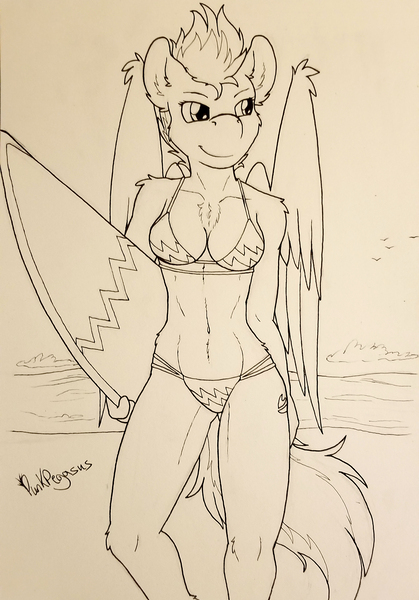 Size: 1960x2808 | Tagged: anthro, artist:punk-pegasus, beach, bikini, clothes, derpibooru import, female, monochrome, pegasus, safe, solo, spitfire, surfboard, swimsuit, traditional art