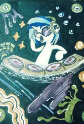 Size: 2736x4016 | Tagged: safe, artist:lytlethelemur, derpibooru import, vinyl scratch, pony, unicorn, female, glasses, headphones, mare, solo, traditional art, turntable