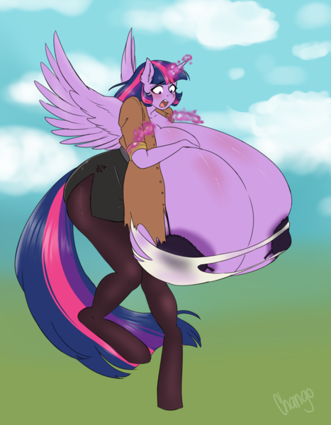 Size: 3500x4500 | Tagged: alicorn, anthro, areola, artist:chango-tan, belt, big areola, big breasts, big nipples, blushing, bra, breast expansion, breasts, busty twilight sparkle, butt expansion, cleavage, clothes, cloud, derpibooru import, edit, erect nipples, exposed breasts, female, growth, huge breasts, hyper, hyper breasts, impossibly large breasts, nipple outline, nipples, nudity, pantyhose, partial nudity, questionable, ripping clothes, shirt, simple background, skirt, solo, solo female, twilight sparkle, twilight sparkle (alicorn), underwear, unguligrade anthro, wardrobe malfunction