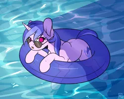 Size: 2048x1638 | Tagged: safe, artist:ak4neh, derpibooru import, sea swirl, seafoam, pony, unicorn, background pony, commission, female, floaty, inner tube, mare, solo, sunglasses, swimming, water, wet, ych result