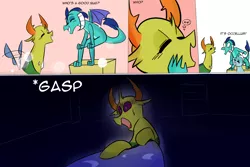 Size: 1800x1200 | Tagged: safe, artist:zouyugi, derpibooru import, ocellus, princess ember, thorax, changedling, changeling, dragon, bait and switch, changeling x dragon, comic, denied, embrax, female, good girl, king thorax, male, meme, nightmare, ponified meme, shipping, straight, tail wag