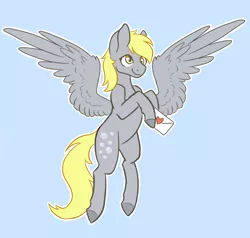 Size: 1444x1372 | Tagged: safe, artist:flaming-trash-can, derpibooru import, derpy hooves, ditzy doo, pegasus, pony, blue background, female, flying, love letter, mare, outline, simple background, smiling, solo, wings