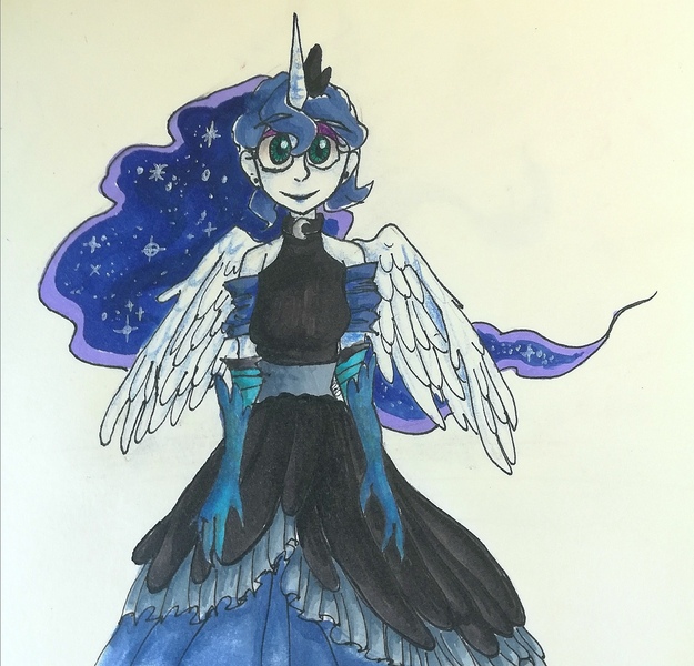 Size: 1728x1659 | Tagged: artist:mkd, clothes, derpibooru import, dress, human, humanized, makeup, moon, princess luna, safe, simple background, smiling, solo, traditional art, wings