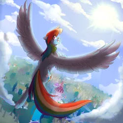 Size: 4000x4000 | Tagged: safe, artist:discosweetruletik, derpibooru import, rainbow dash, pegasus, pony, backlighting, cloud, dutch angle, eye clipping through hair, female, flying, grin, looking at you, looking back, looking back at you, mare, nose bandaid, ponyville, sky, smiling, solo, spread wings, sun, tomboy, underhoof, wings