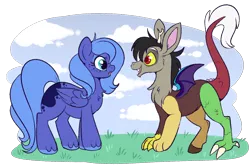 Size: 1000x660 | Tagged: safe, artist:lulubell, derpibooru import, discord, princess luna, draconequus, pony, blank flank, cloud, cute, discute, duo, duo male and female, female, filly, filly luna, foal, freckles, grass, looking at each other, lunabetes, male, missing horn, open mouth, pegasus luna, s1 luna, simple background, smiling, standing, transparent background, unshorn fetlocks, young discord, young luna, younger