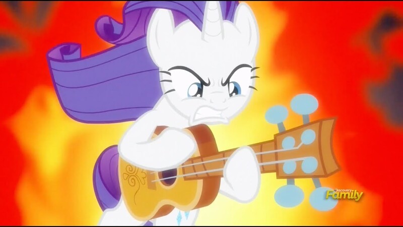 Size: 1280x720 | Tagged: safe, derpibooru import, screencap, rarity, pony, unicorn, honest apple, angry, badass, catasterism, discovery family logo, female, fire, gritted teeth, guitar, guitarity, heavy metal, mare, musical instrument, solo