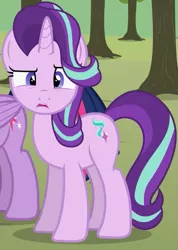 Size: 433x607 | Tagged: safe, artist:agrol, derpibooru import, starlight glimmer, twilight sparkle, twilight sparkle (alicorn), alicorn, pony, unicorn, apple farm, change your reality, confused, cropped, female, looking at someone, looking at you, mare, reaction image, solo focus, tree, wat, what the hell agrol, wtf face, wut face