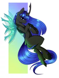 Size: 2480x3230 | Tagged: artist:iblisart, blue changeling, changeling, changeling oc, changeling queen, changeling queen oc, commission, derpibooru import, female, insect wings, oc, oc:blue visions, side, solo, suggestive, wings