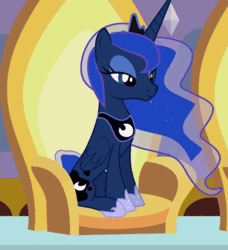 Size: 304x334 | Tagged: safe, artist:agrol, derpibooru import, princess luna, alicorn, pony, :i, agrol is trying to murder us, animated, cropped, crown, cute, ethereal mane, eyes closed, female, flowing mane, gif, hoof shoes, implied twilight sparkle, jewelry, looking away, lunabetes, magic, mare, prank, princesses don't sleep, regalia, silly, silly pony, sitting, smiling, solo focus, throne